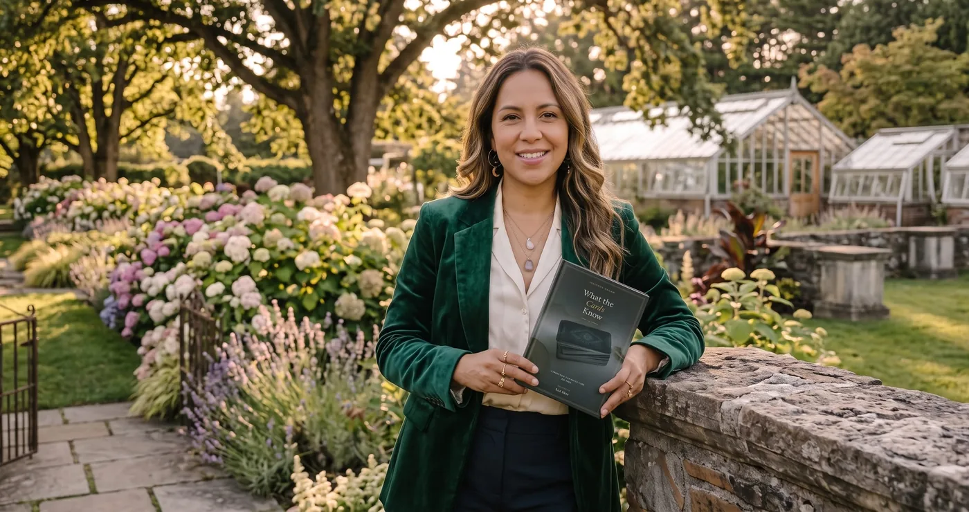 Isla Hart holding What the Cards Know in a garden at golden hour